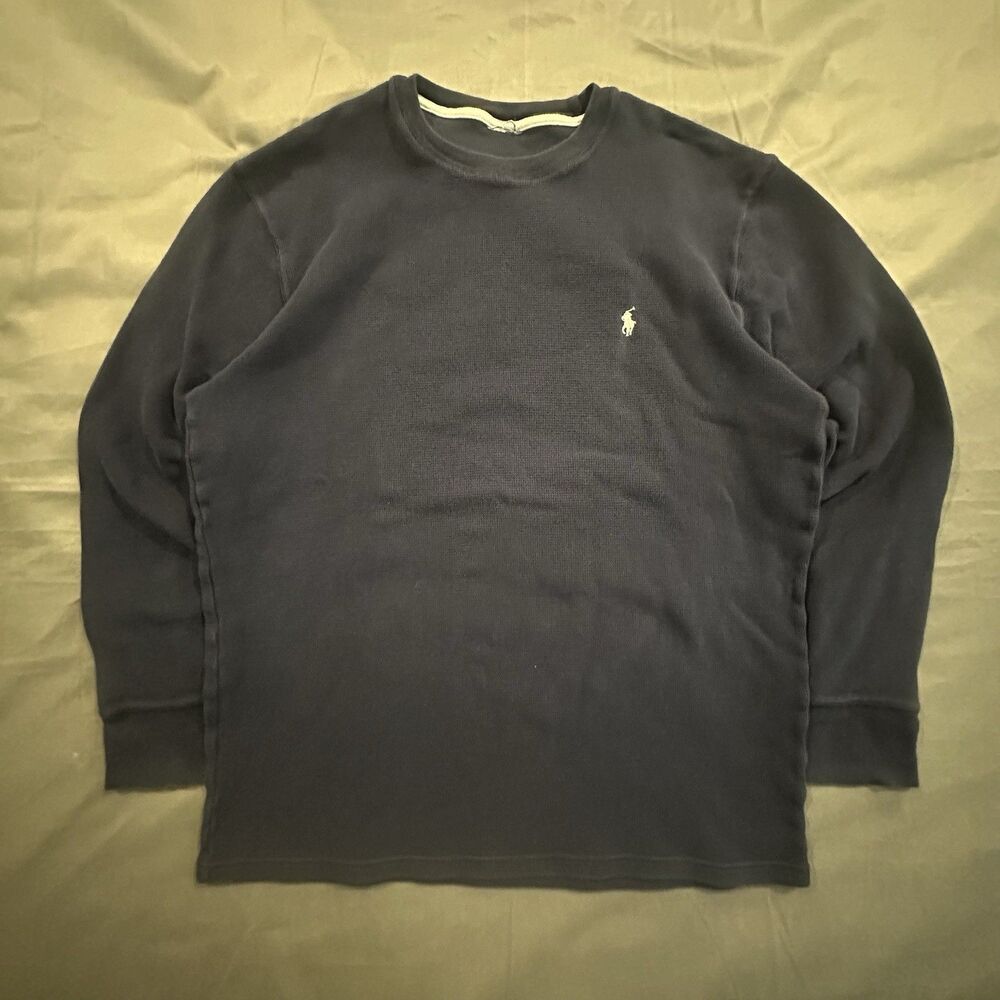 Polo Ralph Lauren Thermal Shirt Mens L Navy Blue Waffle Knit Long Sleeve Cotton